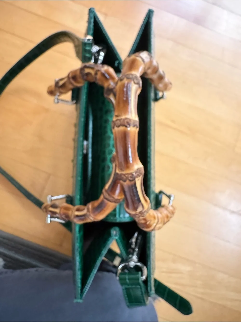 Dark Green Croc-Embossed Bamboo-Handle Satchel. Beautiful bag. Perfect condition